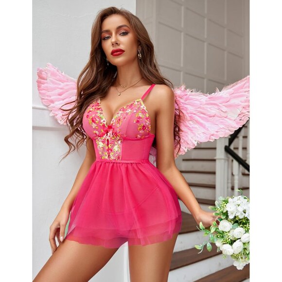 Women's Rose Red Floral Lingerie Embroidery Lace Babydoll Sleepwear Sexy - Picture 5 of 5